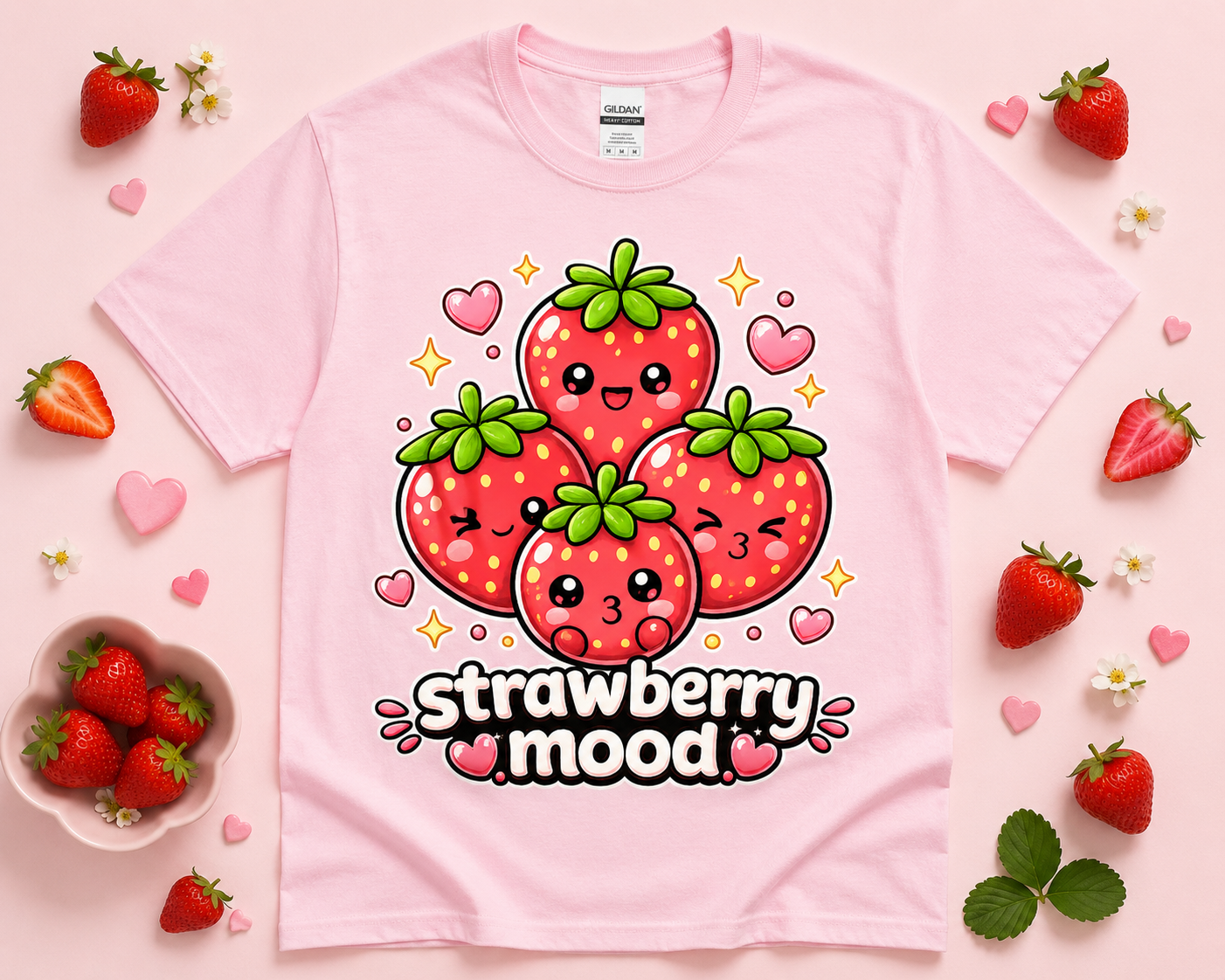 Light pink Gildan 5000 Strawberry Mood cute kawaii strawberry shirt flat lay with pink aesthetic props fresh strawberries hearts and playful boutique style fashion for women girls and teens