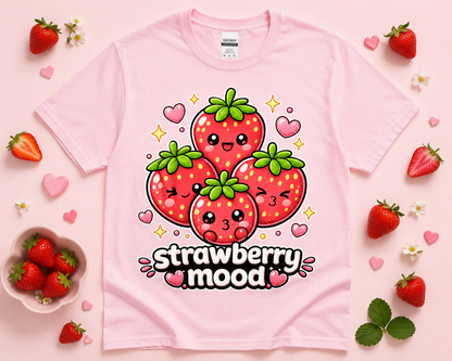 Light pink Gildan 5000 Strawberry Mood cute kawaii strawberry shirt flat lay with pink aesthetic props fresh strawberries hearts and playful boutique style fashion for women girls and teens