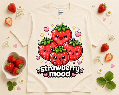 Natural cream Gildan 5000 Strawberry Mood kawaii strawberry graphic t shirt flat lay with soft neutral boutique props hearts and fresh strawberry aesthetic for women girls and teens