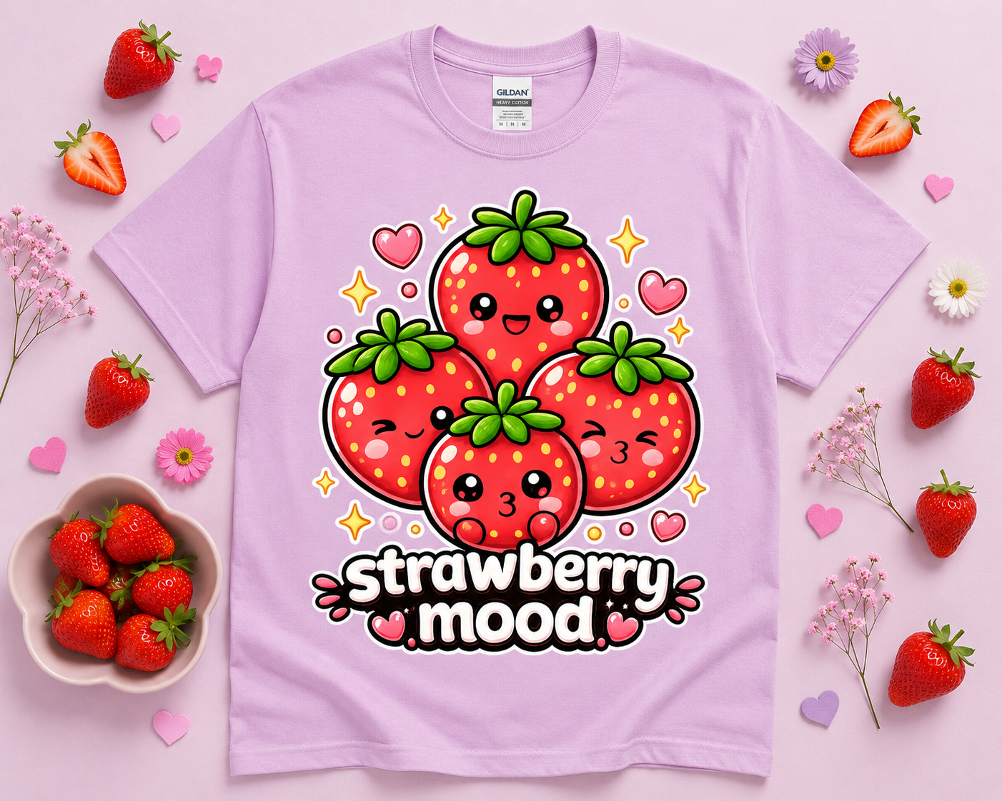 Orchid purple Gildan 5000 Strawberry Mood kawaii strawberry graphic shirt flat lay with soft pastel props hearts and cute boutique aesthetic for women teens and trendy casual outfits