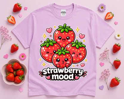 Orchid purple Gildan 5000 Strawberry Mood kawaii strawberry graphic shirt flat lay with soft pastel props hearts and cute boutique aesthetic for women teens and trendy casual outfits