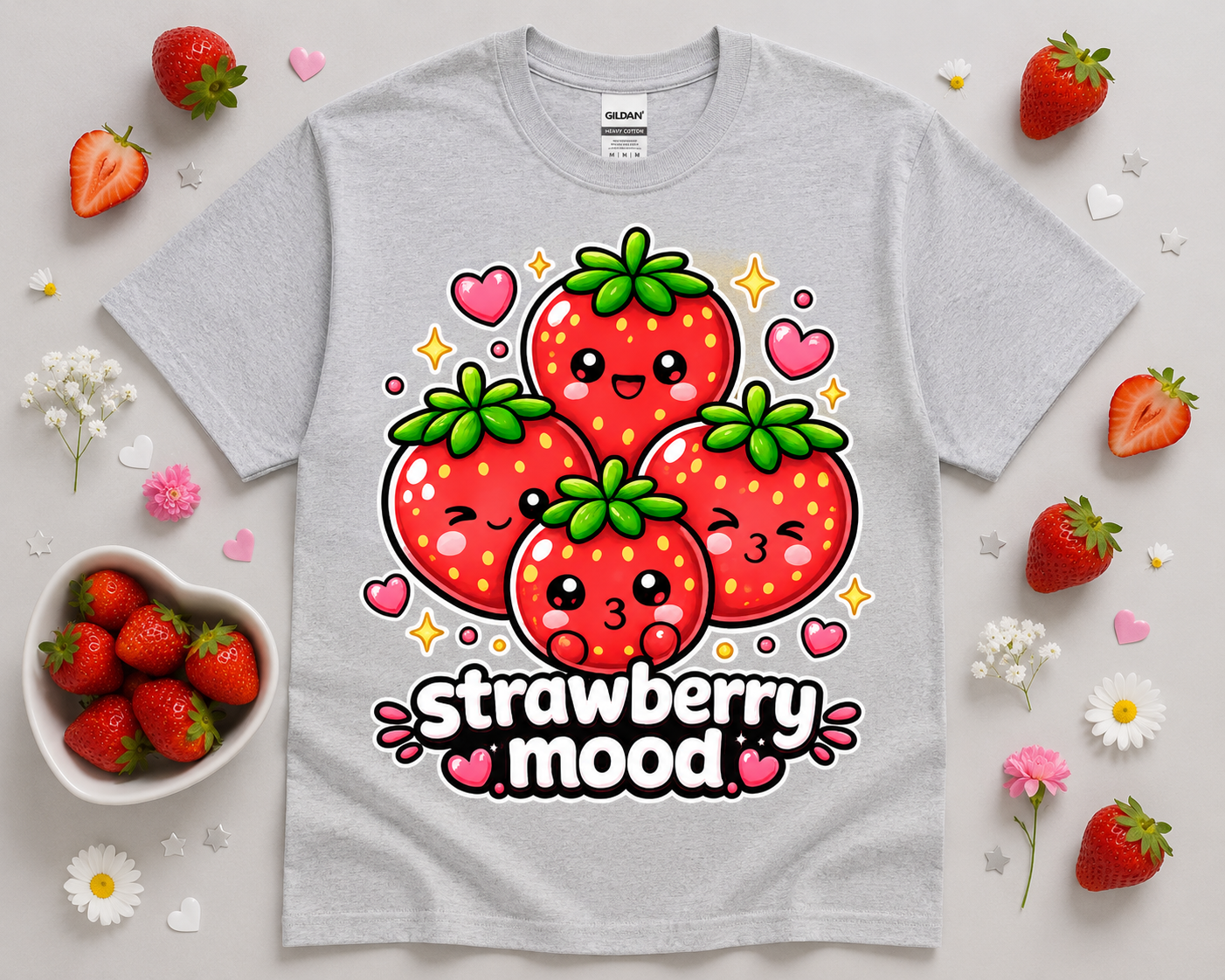 Sport gray Gildan 5000 Strawberry Mood graphic tee flat lay with cute strawberries heart accents fresh fruit props and soft aesthetic styling for women teens girls and foodie fashion fans
