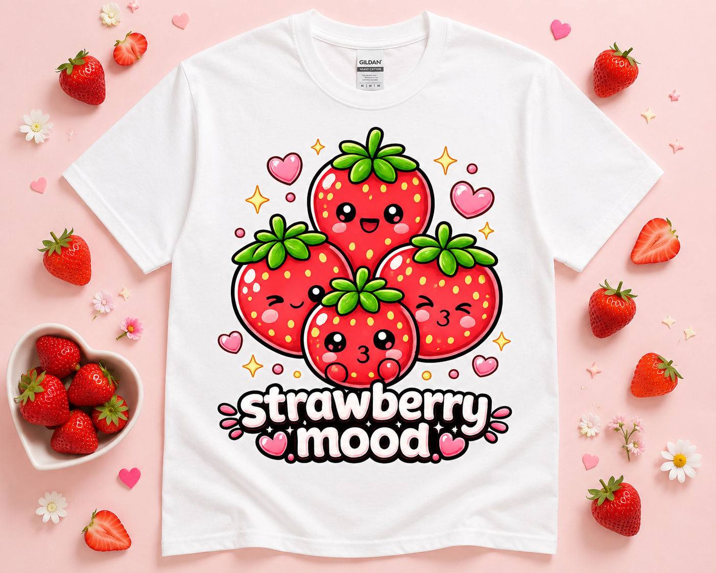 White Gildan 5000 Strawberry Mood kawaii fruit graphic t shirt flat lay with cute strawberries heart accents and soft boutique aesthetic props for women teens and cute foodie outfit lovers