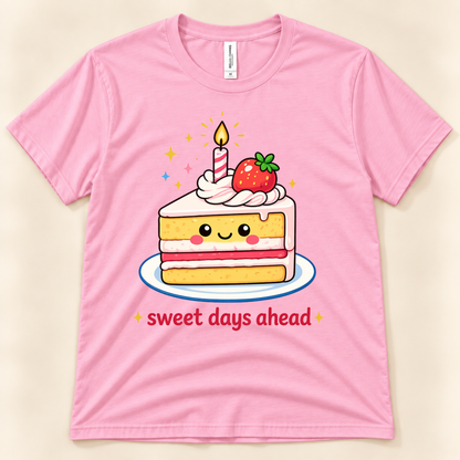 Pink Bella Canvas 3001 Sweet Days Ahead graphic tee featuring an adorable smiling layer cake with strawberry topping, whipped frosting, and a lit birthday candle from New Chapter Tees, a California small business.