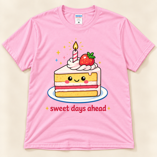 Light Pink Gildan 5000 Sweet Days Ahead graphic tee featuring an adorable smiling strawberry layer cake with whipped frosting, a birthday candle, and cheerful lettering from New Chapter Tees, a California small business.
