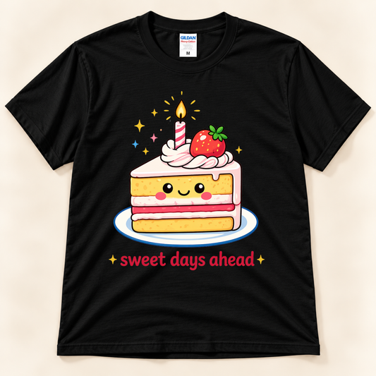Black Gildan 5000 Sweet Days Ahead Cake Tee featuring a cute smiling strawberry layer cake slice with pink frosting, a birthday candle, and colorful sparkles from New Chapter Tees, a California small business.