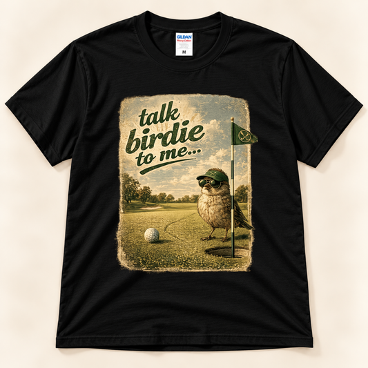 Black Gildan 5000 Talk Birdie To Me golf tee featuring a funny vintage bird golfer with sunglasses, golf ball and flag from New Chapter Tees, a California small business.