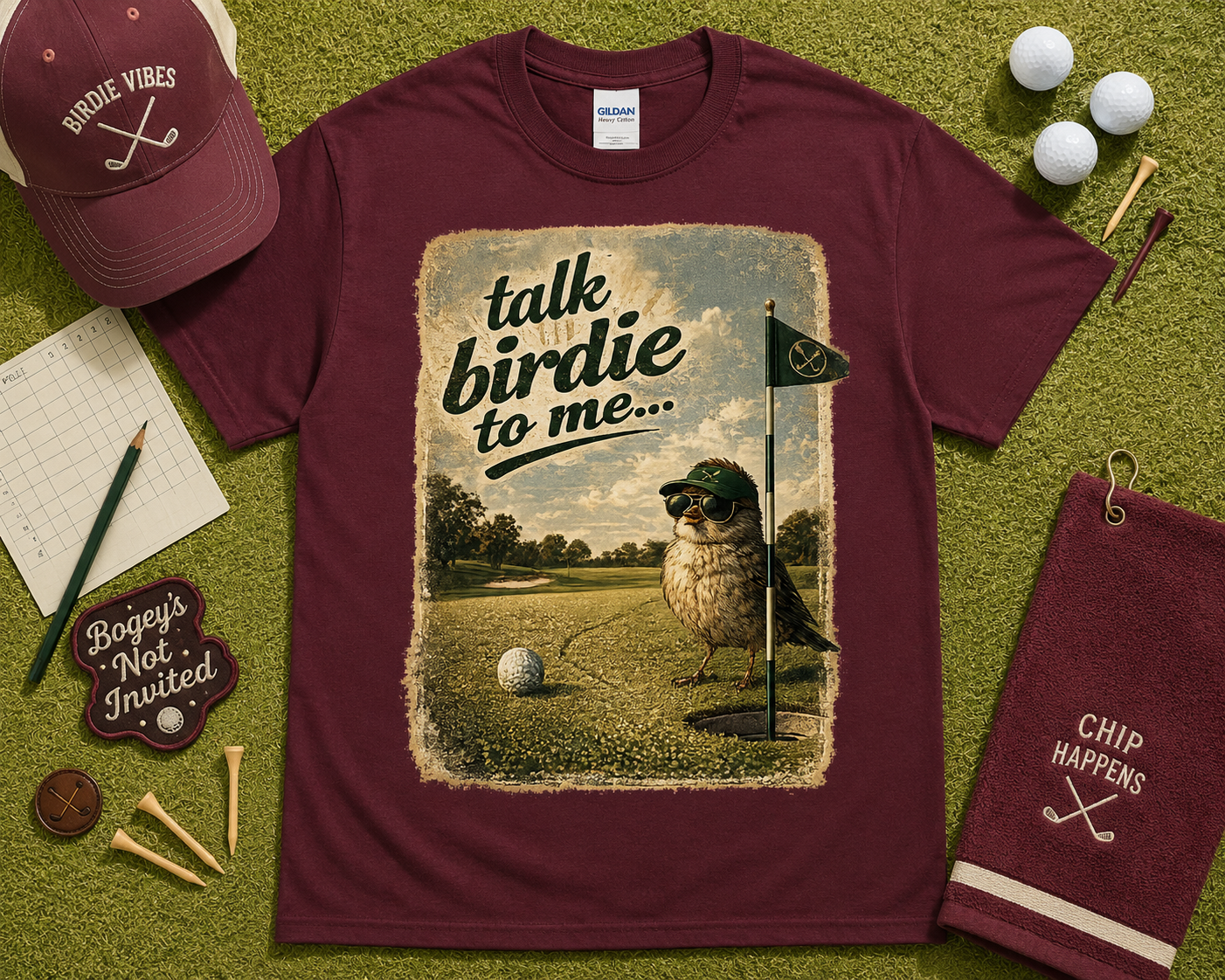 Talk Birdie To Me retro golf shirt bird golfer artwork unique golf gift for golf fans and players