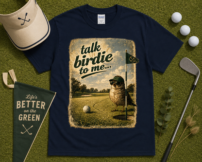 Funny Talk Birdie To Me golf t shirt featuring bird golfer artwork retro golf gift for men and women