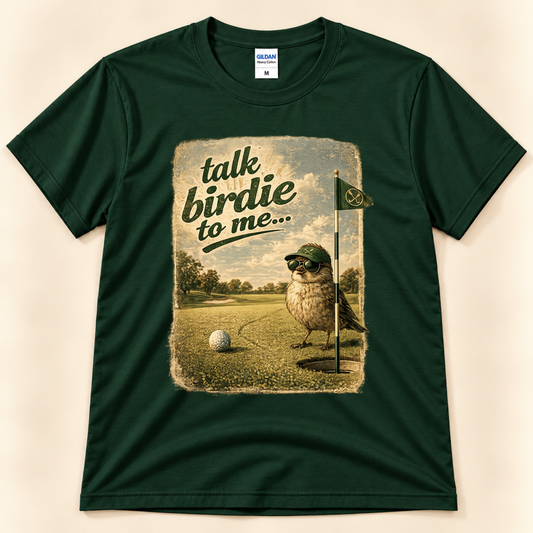 Forest Green Gildan 5000 Talk Birdie To Me graphic shirt featuring a retro bird golfer beside a golf ball and putting green from New Chapter Tees, a California small business.