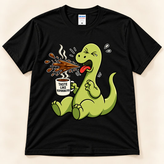 Black Gildan 5000 Taste Like Responsibilities coffee tee featuring Brussel the green Brontosaurus spitting out coffee in a funny dinosaur design from New Chapter Tees, a California small business.