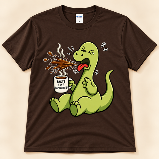 Dark Chocolate Gildan 5000 Taste Like Responsibilities graphic tee featuring Brussel the Brontosaurus with a funny coffee reaction and coffee mug from New Chapter Tees, a California small business.