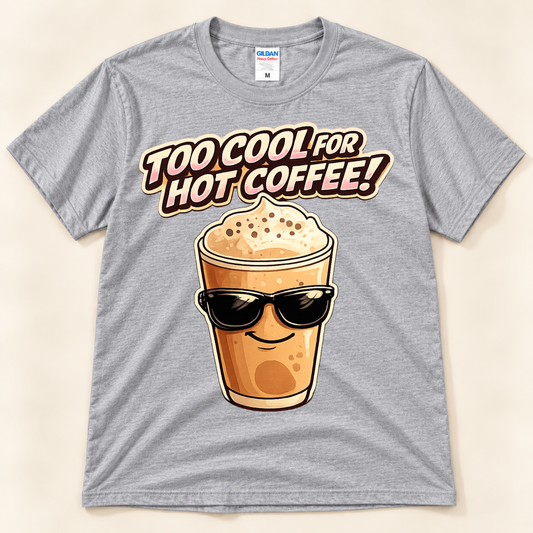 Sport Gray Gildan 5000 Too Cool For Hot Coffee graphic tee featuring a cute iced coffee character wearing sunglasses from New Chapter Tees, a California small business.