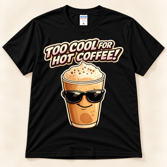 Black Gildan 5000 Too Cool For Hot Coffee tee featuring a funny iced coffee character wearing sunglasses and a playful coffee saying from New Chapter Tees, a California small business.