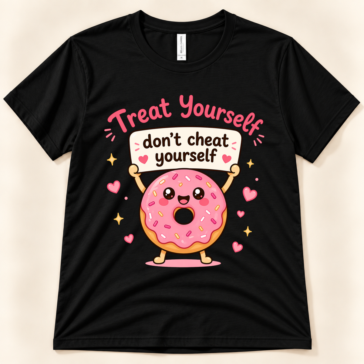 Black Bella Canvas 3001 Treat Yourself Don’t Cheat Yourself donut tee featuring a smiling pink frosted donut holding a self-care message, surrounded by hearts and sparkles, from New Chapter Tees, a California small business.