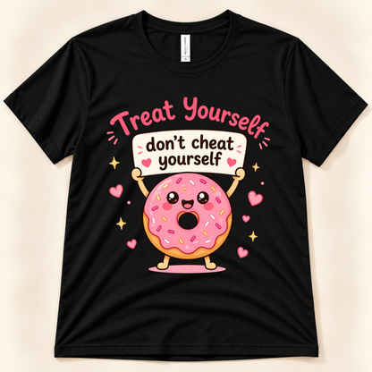 Black Bella Canvas 3001 Treat Yourself Don’t Cheat Yourself donut tee featuring a smiling pink frosted donut holding a self-care message, surrounded by hearts and sparkles, from New Chapter Tees, a California small business.