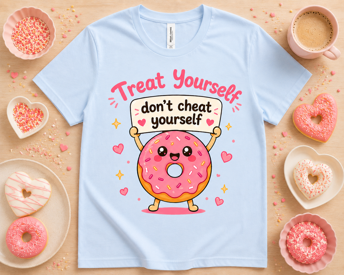 Cute Treat Yourself Don't Cheat Yourself donut graphic tee flatlay on baby blue Bella Canvas 3001 shirt with pastel donuts, sprinkles, dessert props, funny foodie shirt, kawaii bakery gift USA
