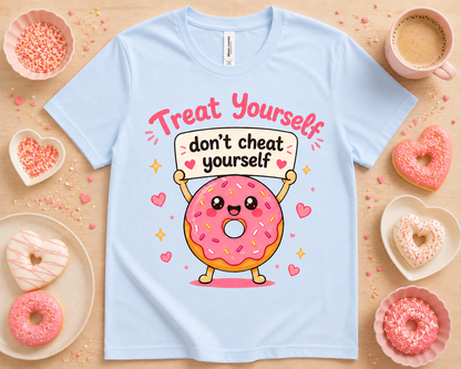 Cute Treat Yourself Don't Cheat Yourself donut graphic tee flatlay on baby blue Bella Canvas 3001 shirt with pastel donuts, sprinkles, dessert props, funny foodie shirt, kawaii bakery gift USA