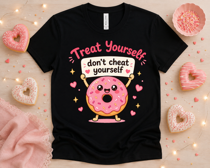 Cute Treat Yourself Don't Cheat Yourself donut graphic tee flatlay on black Bella Canvas 3001 shirt with heart donuts, pink sprinkles, dessert props, funny foodie shirt, kawaii donut gift, boutique apparel USA
