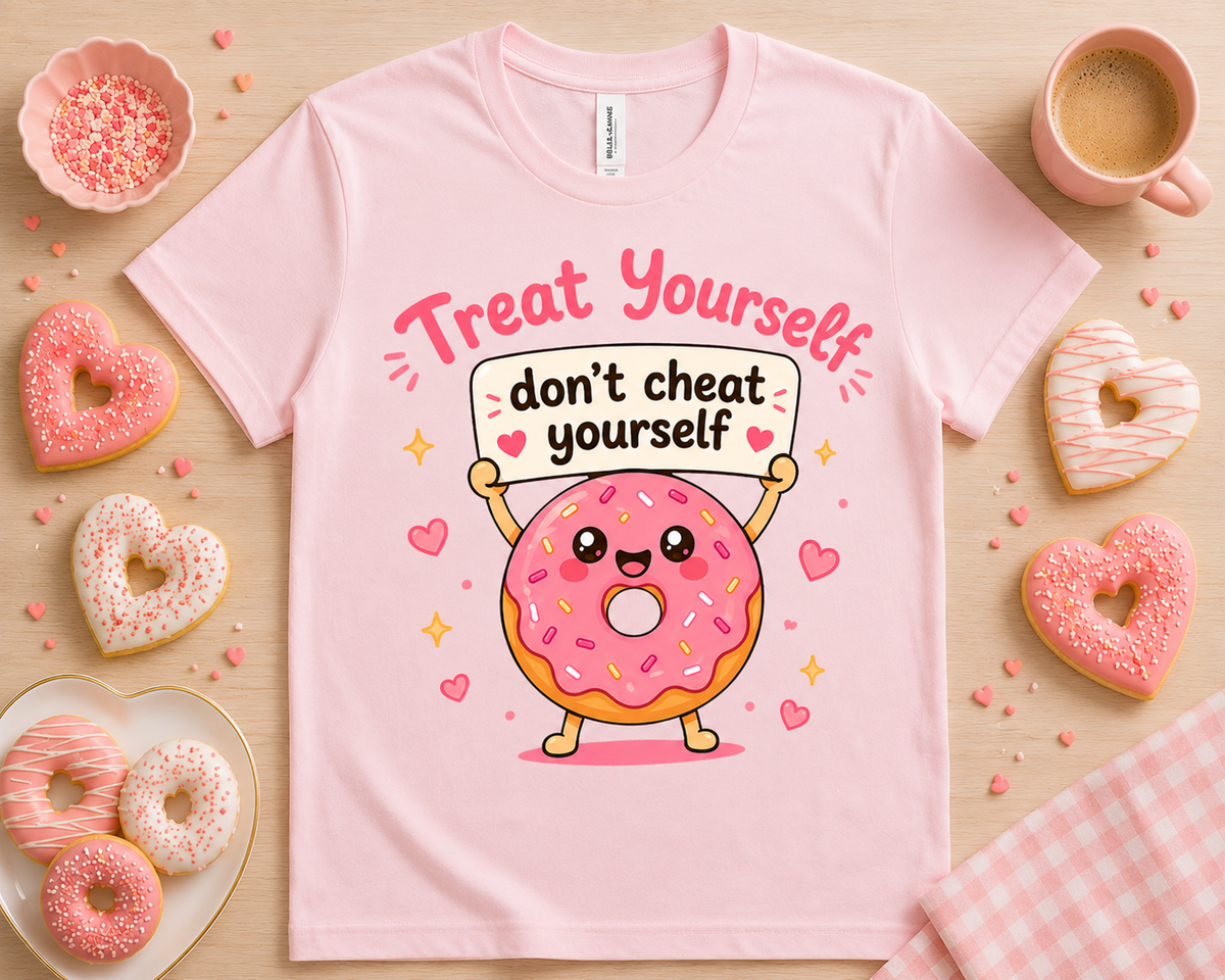 Cute Treat Yourself Don't Cheat Yourself pink donut graphic tee flatlay on light pink Bella Canvas 3001 shirt with sweet dessert props, sprinkle accents, kawaii foodie shirt, self love gift for women USA