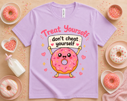 Cute Treat Yourself Don't Cheat Yourself donut graphic tee flatlay on orchid Bella Canvas 3001 shirt with pastel donut desserts, sprinkle decorations, kawaii foodie shirt, sweet gift idea, boutique apparel USA