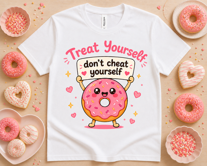 Cute Treat Yourself Don't Cheat Yourself donut graphic tee flatlay on white Bella Canvas 3001 shirt with pink sprinkle donuts, dessert themed props, foodie graphic shirt, self care gift, boutique fashion USA