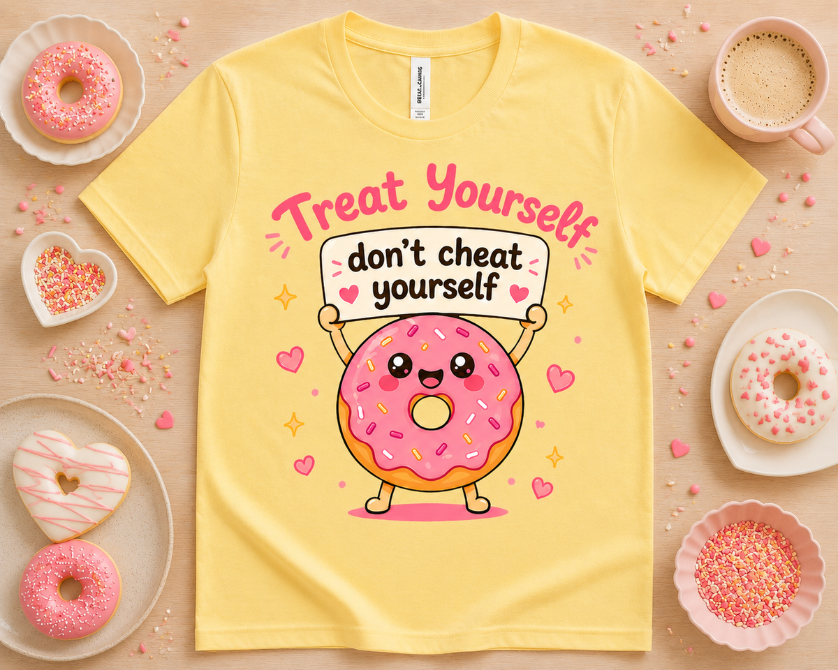 Cute Treat Yourself Don't Cheat Yourself donut graphic tee flatlay on yellow Bella Canvas 3001 shirt with pink frosted donuts, colorful sprinkle props, cheerful foodie shirt, bakery lover gift USA