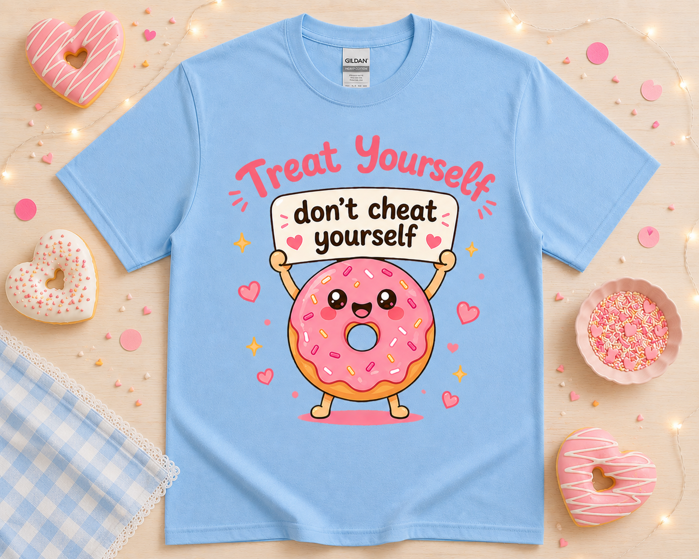 Cute donut graphic t shirt on Carolina blue Gildan tee with kawaii dessert character and bakery boutique flat lay props for women girls and teens