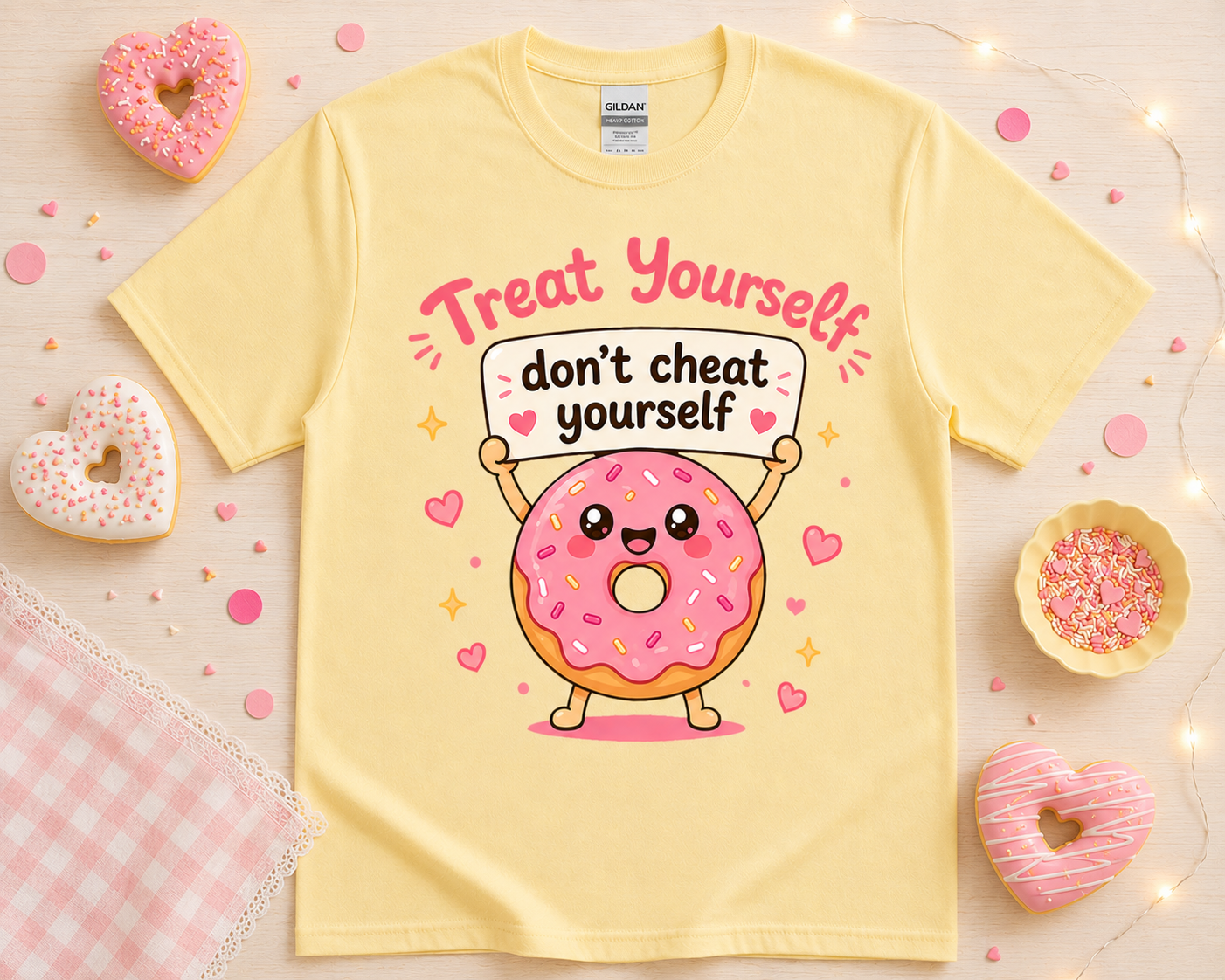 Cute yellow donut graphic tee on daisy yellow Gildan shirt with kawaii dessert artwork and soft bakery boutique aesthetic for trendy casual outfits