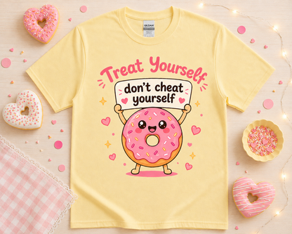 Cute yellow donut graphic tee on daisy yellow Gildan shirt with kawaii dessert artwork and soft bakery boutique aesthetic for trendy casual outfits