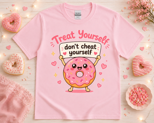 Cute pink donut graphic tee flat lay on light pink Gildan shirt featuring Treat Yourself Don’t Cheat Yourself kawaii dessert design with boutique bakery aesthetic for women teens and girls