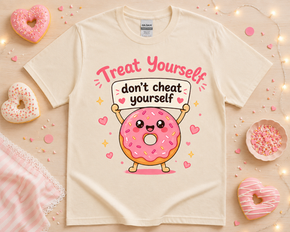 Cute donut foodie graphic t shirt on natural cream Gildan tee with kawaii dessert artwork and soft bakery boutique inspired flat lay styling