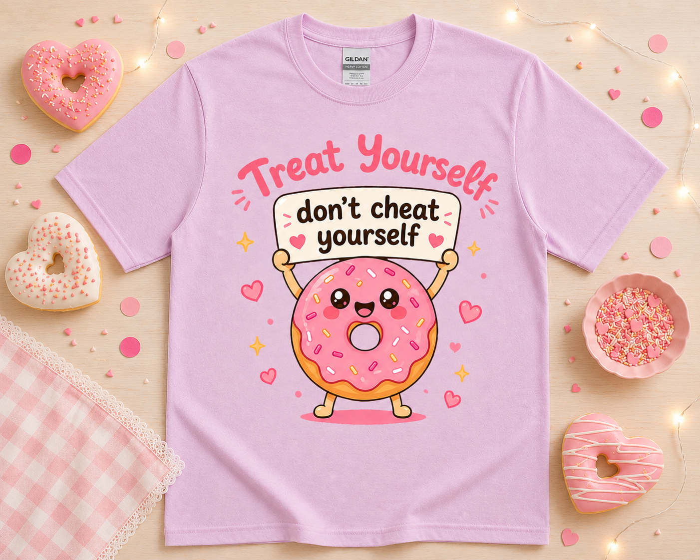 Pink donut kawaii graphic shirt on orchid purple Gildan tee with bakery boutique inspired flat lay styling for women teens dessert lovers and cute fashion outfits