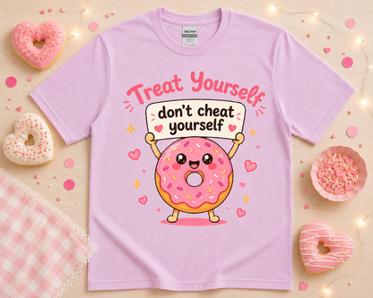 Pink donut kawaii graphic shirt on orchid purple Gildan tee with bakery boutique inspired flat lay styling for women teens dessert lovers and cute fashion outfits