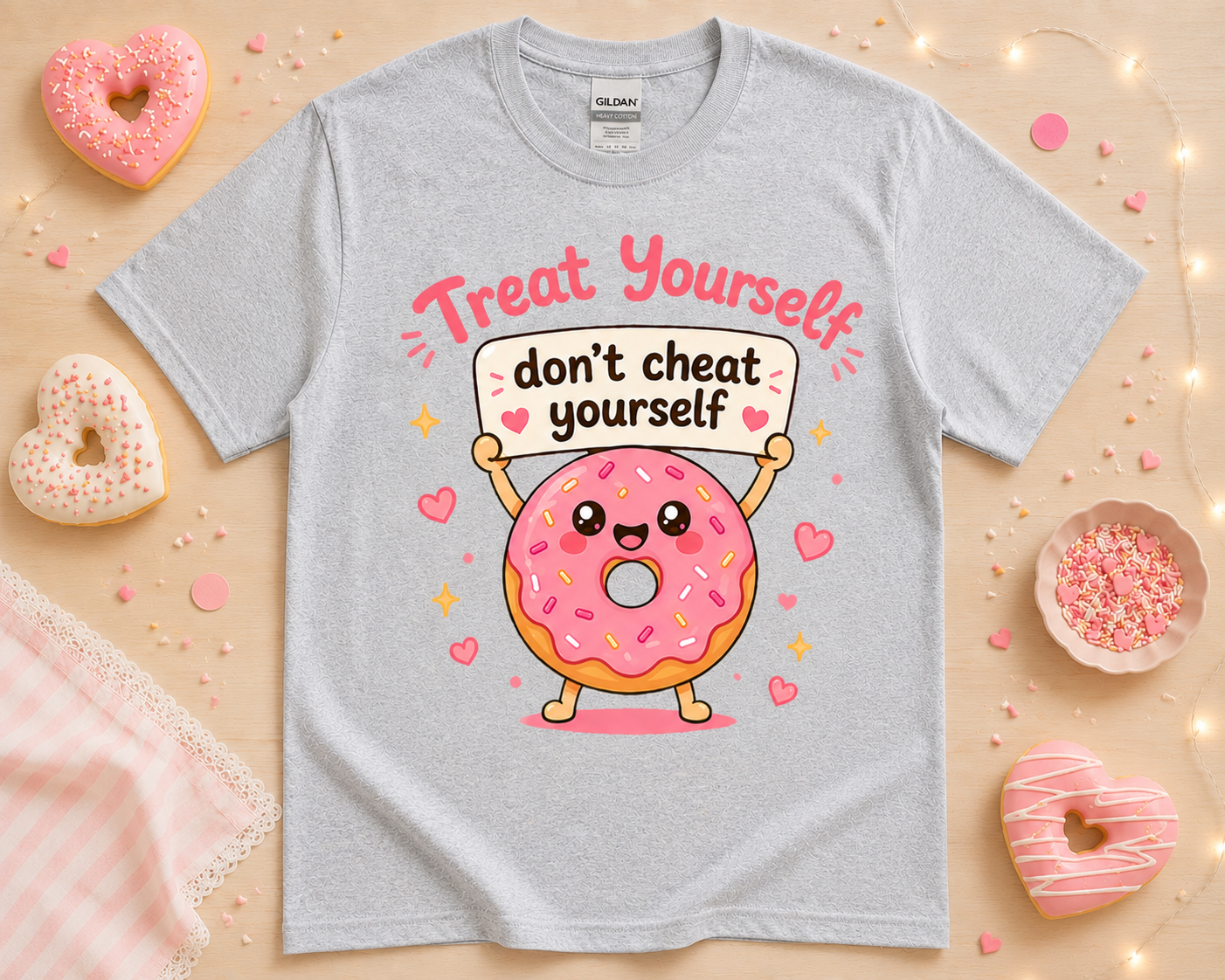 Funny kawaii donut graphic tee on sport gray Gildan shirt with boutique bakery themed flat lay and pink dessert design for women teens and foodie gifts