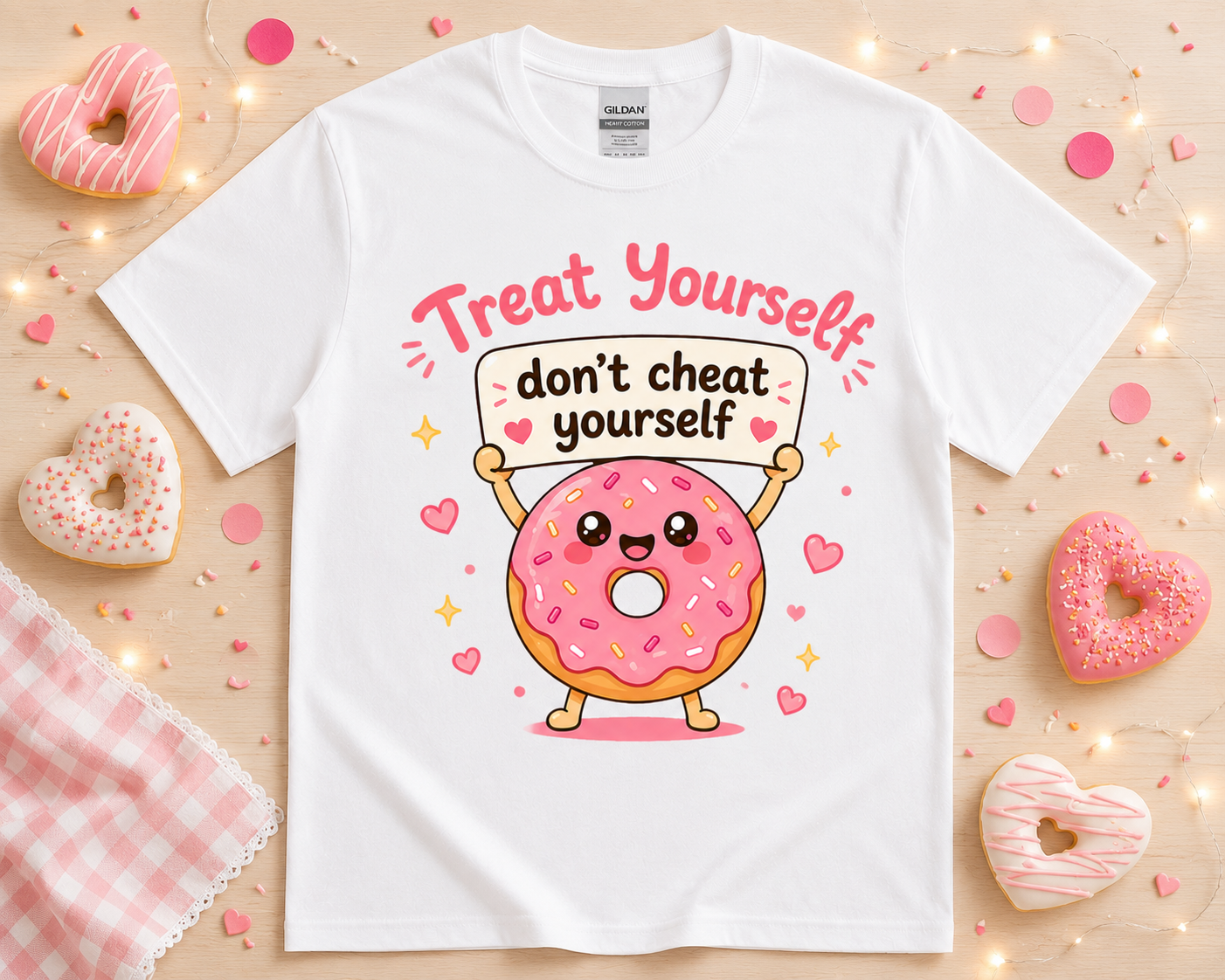 Cute foodie donut shirt flat lay on white Gildan t shirt featuring kawaii pink donut graphic and boutique bakery inspired props for women kids and teens