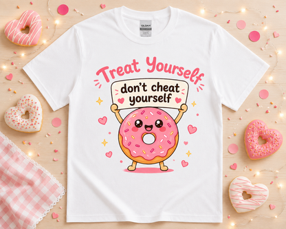 Cute foodie donut shirt flat lay on white Gildan t shirt featuring kawaii pink donut graphic and boutique bakery inspired props for women kids and teens