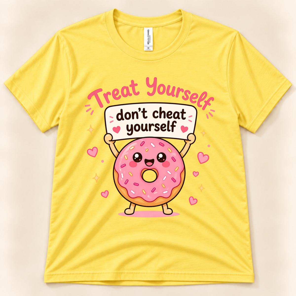 Yellow Bella Canvas 3001 Treat Yourself Don’t Cheat Yourself shirt featuring a kawaii pink frosted donut holding a motivational treat-yourself sign, surrounded by pink hearts, from New Chapter Tees, a California small business.