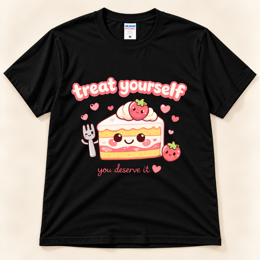 Black Gildan 5000 Treat Yourself You Deserve It graphic shirt featuring a cute smiling strawberry cake slice, happy fork, floating pink hearts and self-care message from New Chapter Tees, a California small business.