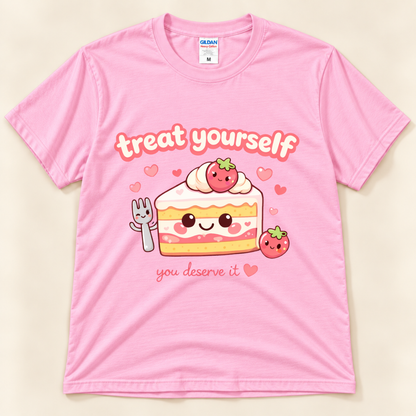 Light Pink Gildan 5000 Treat Yourself You Deserve It shirt featuring a kawaii strawberry cake slice with smiling face, cute fork, strawberries and pink hearts from New Chapter Tees, a California small business.