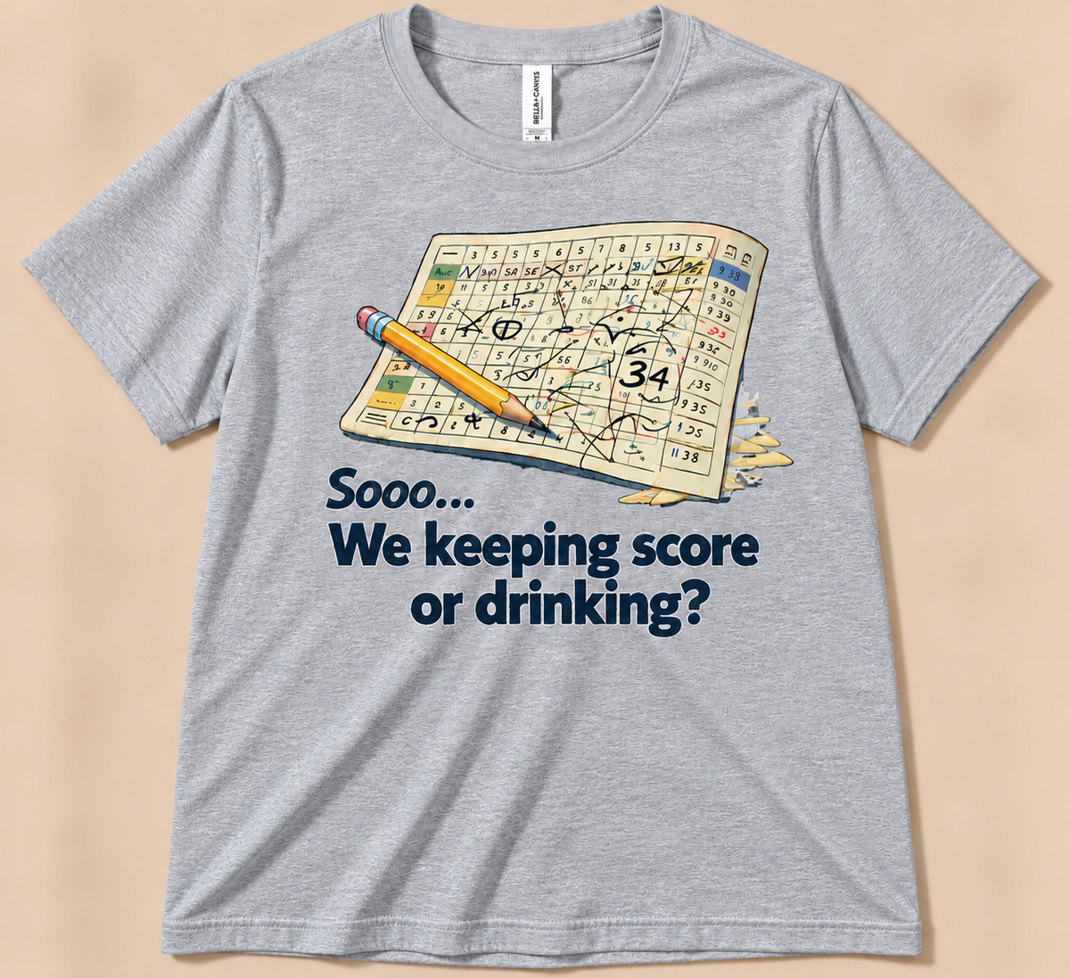 Athletic Heather Bella Canvas 3001 funny golf tee with messy scorecard and We Keeping Score or Drinking design