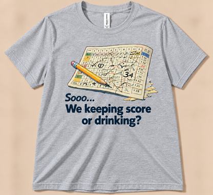 Athletic Heather Bella Canvas 3001 funny golf tee with messy scorecard and We Keeping Score or Drinking design
