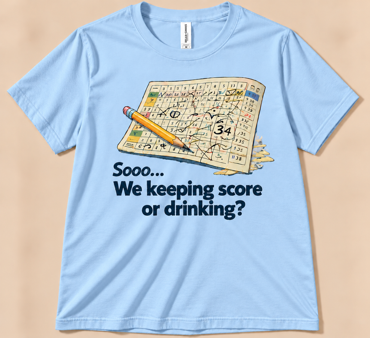 Baby Blue Bella Canvas 3001 funny golfer shirt featuring scribbled scorecard, pencil and golf humor quote