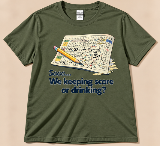 Military Green Gildan 5000 funny golf tee with messy scorecard, pencil and We Keeping Score or Drinking design