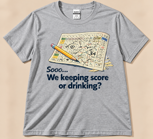 Sport Gray Gildan 5000 funny golfer tee featuring messy golf scorecard and We Keeping Score or Drinking graphic