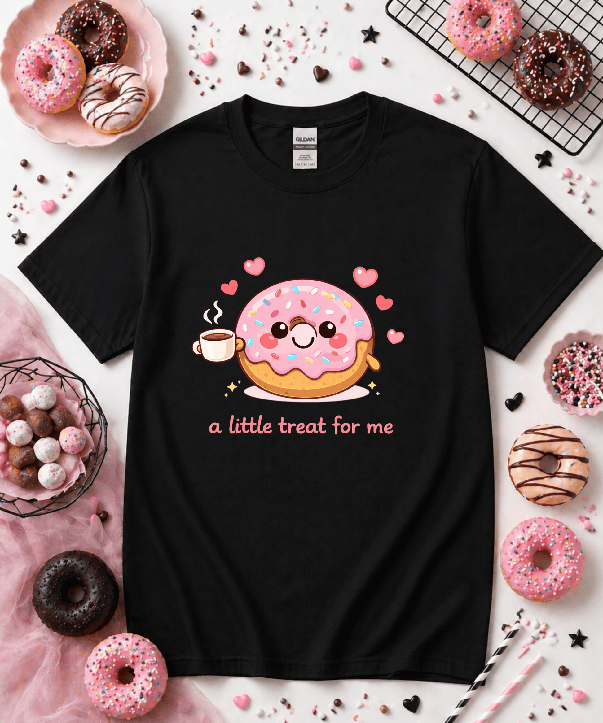 Black A Little Treat For Me cute kawaii donut graphic tee with coffee and pastel dessert aesthetic