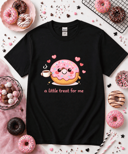 Black A Little Treat For Me cute kawaii donut graphic tee with coffee and pastel dessert aesthetic