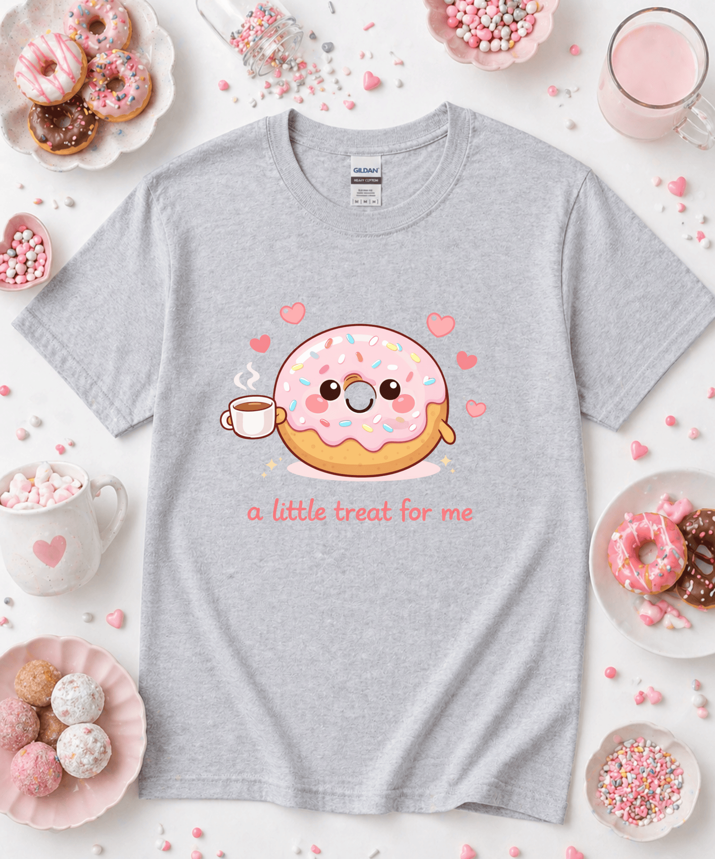 Gray A Little Treat For Me donut lover graphic shirt with cute pink frosted donut artwork