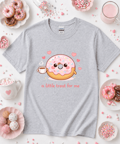 Gray A Little Treat For Me donut lover graphic shirt with cute pink frosted donut artwork