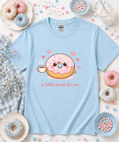 Light blue A Little Treat For Me cute donut and coffee graphic tee with pastel kawaii aesthetic